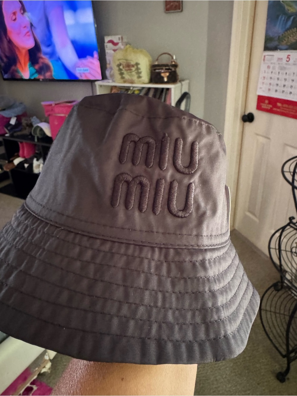 Miu Miu Charcoal Bucket Hat with Embroidered Logo